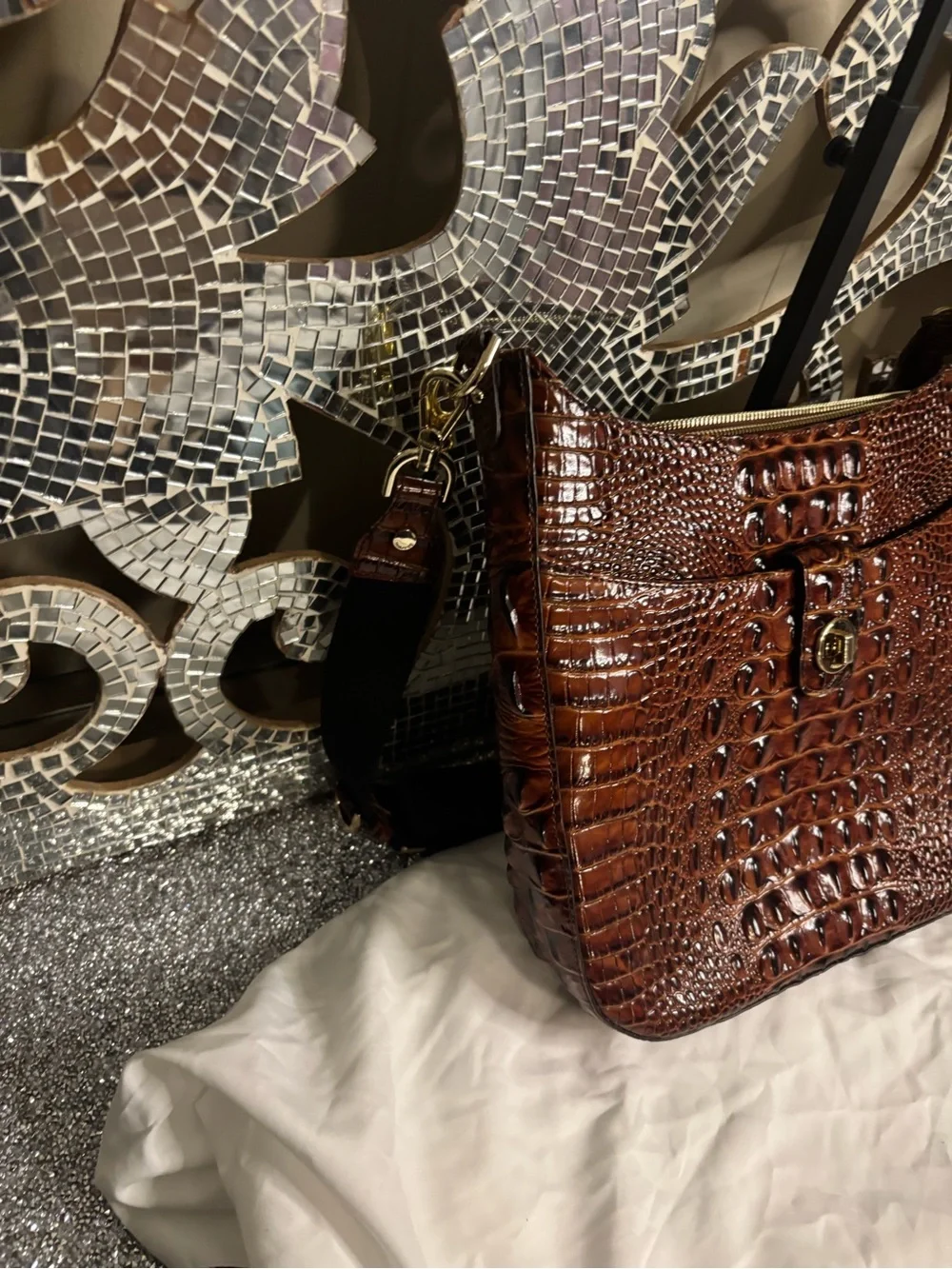 💕Brahmin Croc-Embossed Brown‎ Leather Crossbody Bag